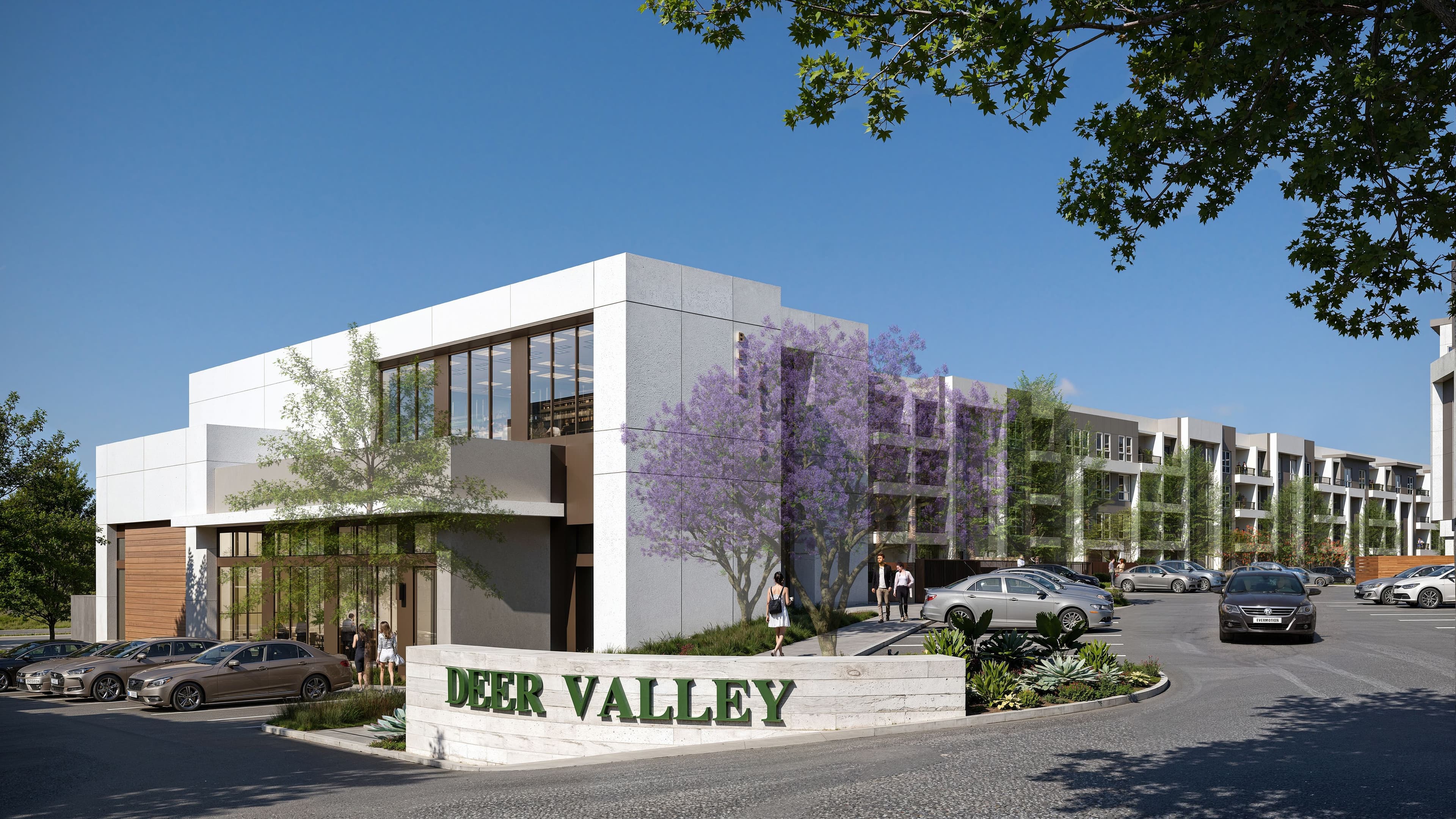 Rendering of Deer Valley’s entry with a monument sign, a white clubhouse and apartment buildings behind